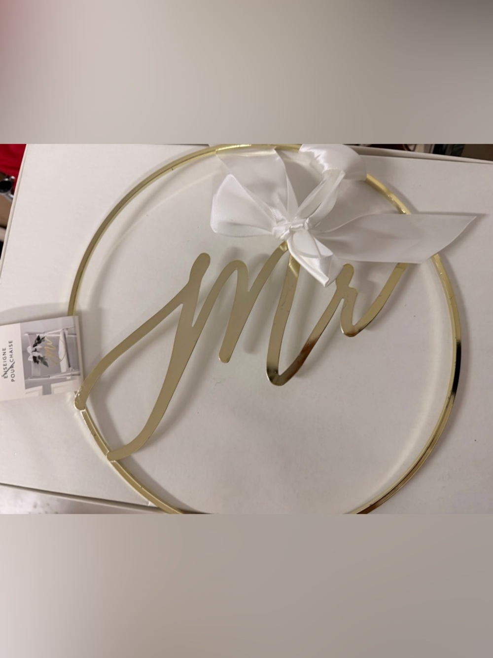 Gold MR and MRS Script Hoop Chair Sign with White Satin Bow